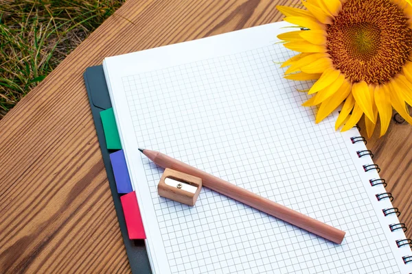 Notebook with pencil, sharpener and sunflower — Stock Photo, Image