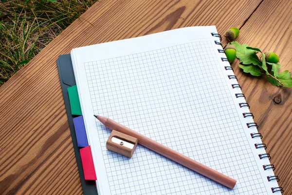 Cuaderno con lápiz, sacapuntas y arcones — Foto de Stock