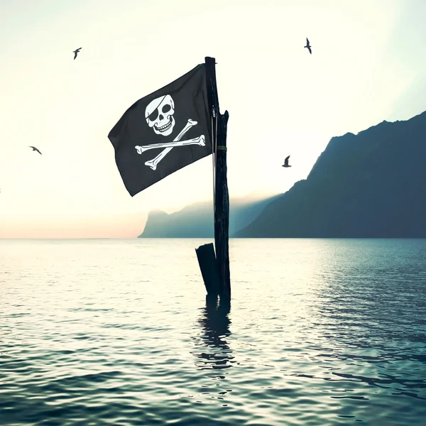 Le vent du drapeau du pirate dans la mer — Photo