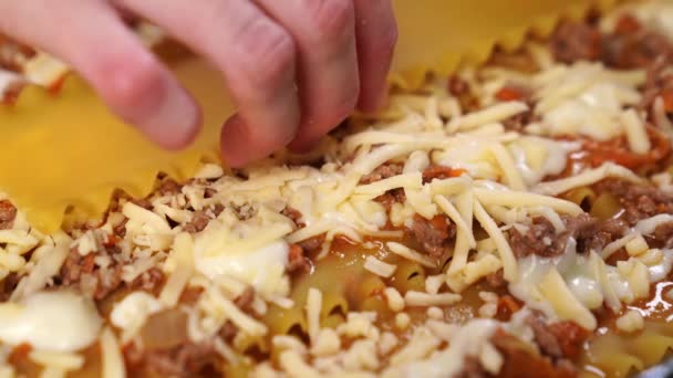 Τοποθέτηση στρωμάτων λαζανιών σε ένα ταψί. ζυμαρικά κατσαρόλα με σάλτσα. — Αρχείο Βίντεο