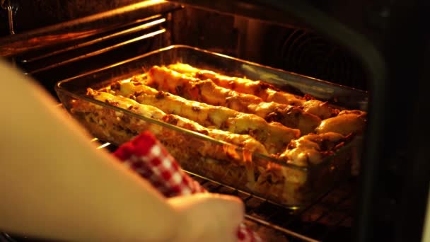 Lasagne in glazige vorm in de oven koken. Italiaanse keuken — Stockvideo