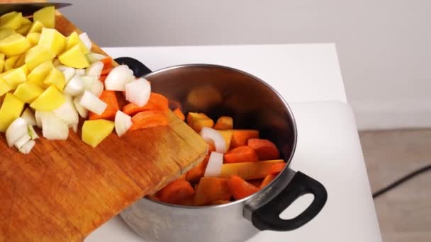 Βάλτε τα συστατικά για σούπα κολοκύθας σε μια κατσαρόλα — Αρχείο Βίντεο