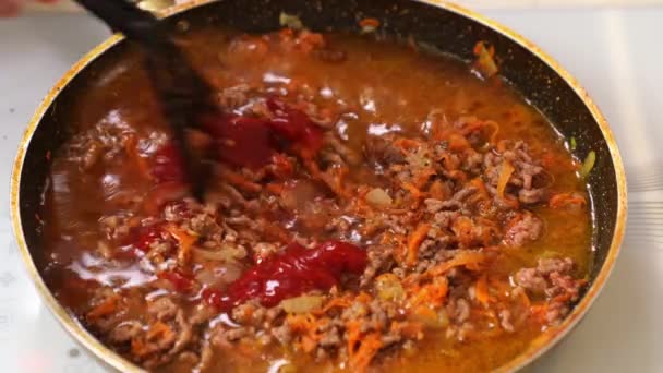 Dans une poêle faire frire la viande hachée, les oignons et les carottes. Sauce bolognaise — Video