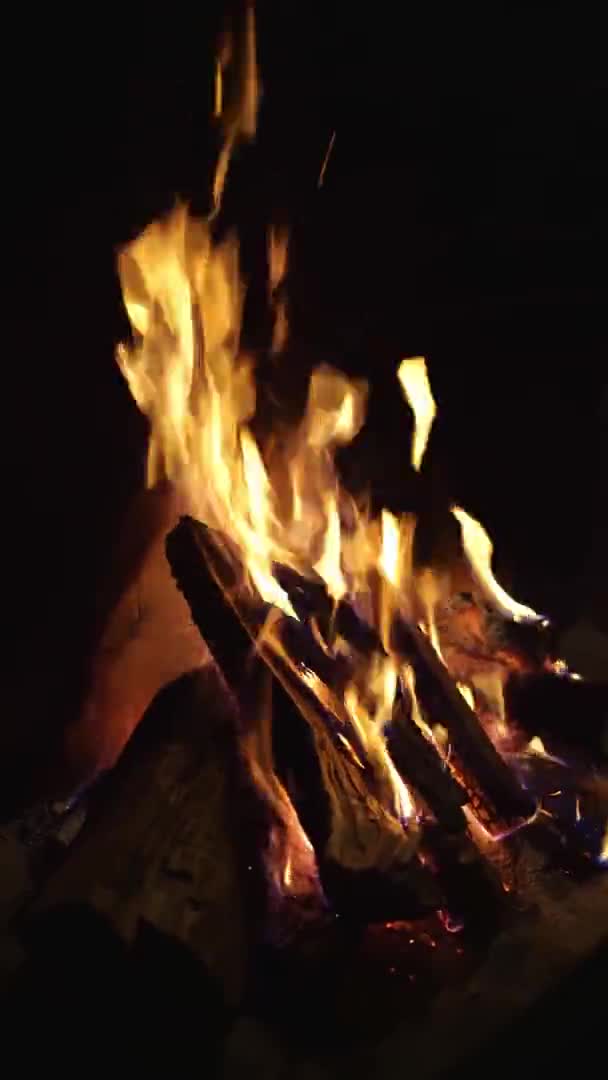 Vertikální video. v krbu hoří dřevo. teplé útulné večery v domě na venkově. — Stock video