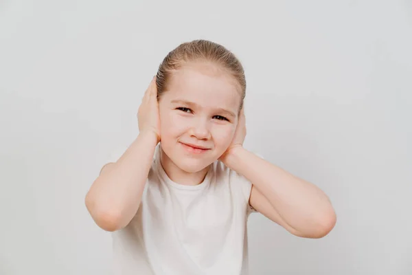 Little Girl Collected Hair White Shirt Stands White Background Covers — Stock Photo, Image