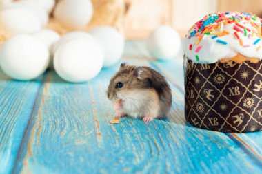Fare turkuaz ahşap masada Paskalya pastası yiyor. Geleneksel ikram