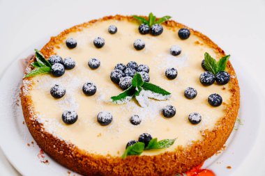 Pudra şekeri, yabanmersini ve nane yapraklarıyla süslenmiş cheesecake.. 