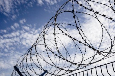 Mavi gökyüzüne karşı dikenli tel. Korunaklı bölge. Özel, tehlikeli bir bölge. ceza ve suç.