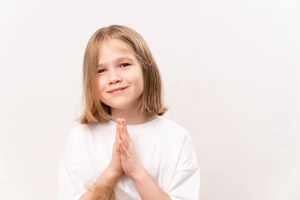 Cheerful Happy Little Girl Haircut Quad Holds His Folded Hands — Stock Photo, Image