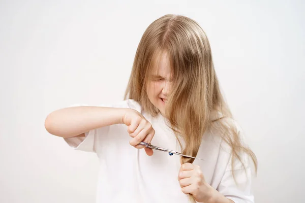 Sad Little Girl Shears Long Hair Scissors White Background Fashionable — Stock Photo, Image