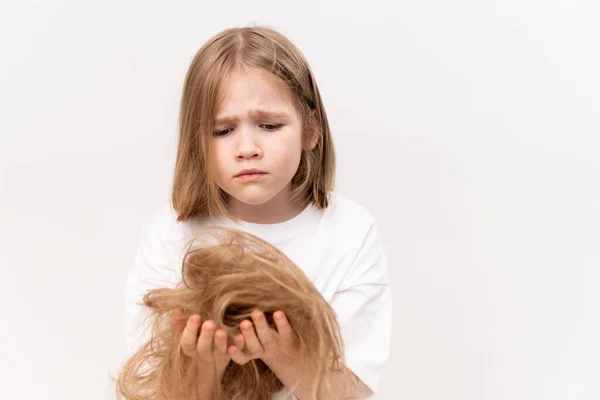 Sad Kid Girl Holds Hands Cropped Hair Cutting White Background — Stock Photo, Image