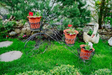 Bahçede bisiklet şeklinde saksıdaki çiçekler için dekoratif bir tezgah. Parklar ve kır evleri için peyzaj tasarımı unsurları.