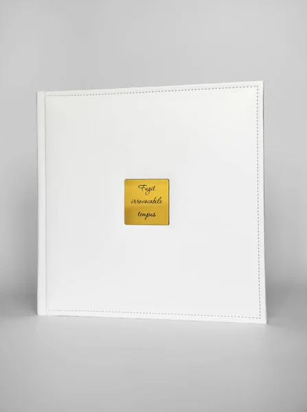 white book in leather binding with a gold metal insert with inscription in latin - running a non-refundable time. printing products. photobooks and albums. individual products.