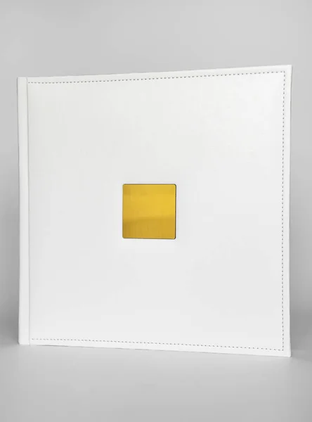 Bílá Kniha Kožené Vazbě Zlatou Kovovou Vložkou Pro Nápis Tiskařské — Stock fotografie