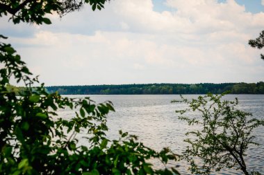 Ağaçların dalları arasından göl manzarası