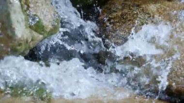 Temiz, dağ içme suyu taşlardan akar ve su fışkırır.