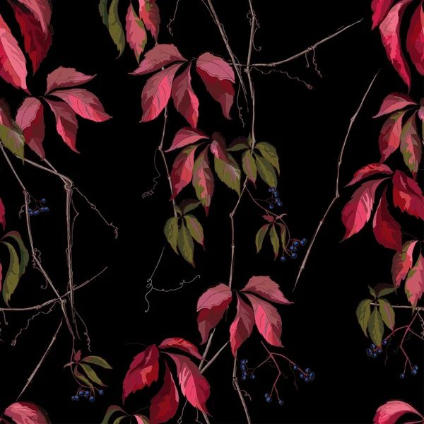 Patrón sin costuras con hojas coloridas de uvas sobre un fondo negro — Archivo Imágenes Vectoriales