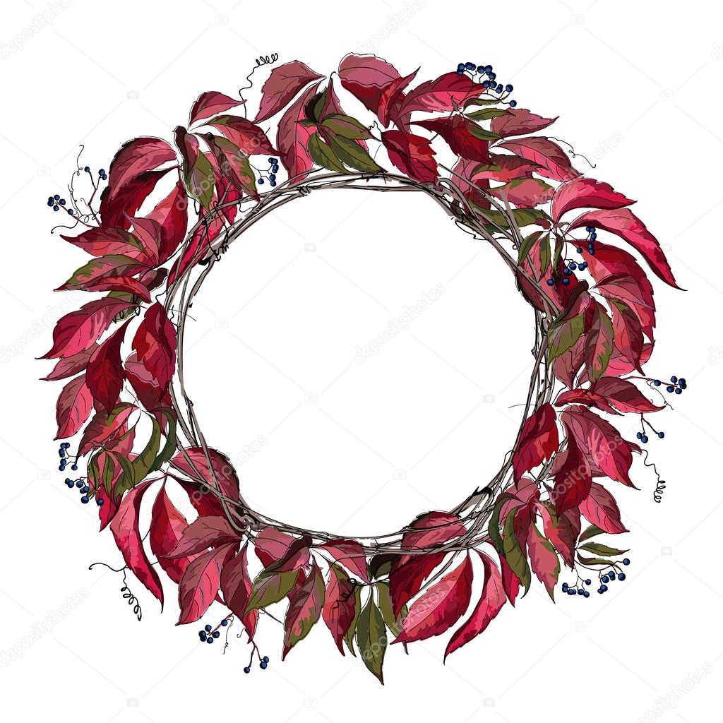 Round wreath with branches and leaves isolated on white. For festive design, announcements, postcards, invitations, posters. Vector