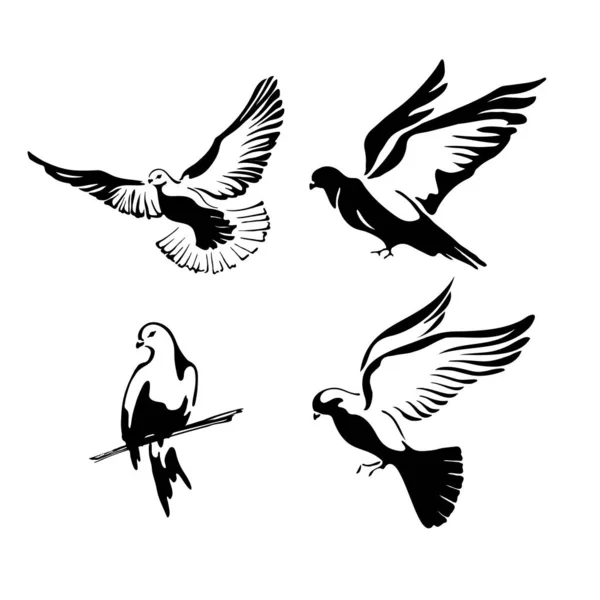 Een stel duiven vliegt met uitgespreide vleugels in de lucht of zit. Logo template of pictogram geïsoleerd symbool van vrede vrijheid of postbezorging en tatoeage — Stockvector