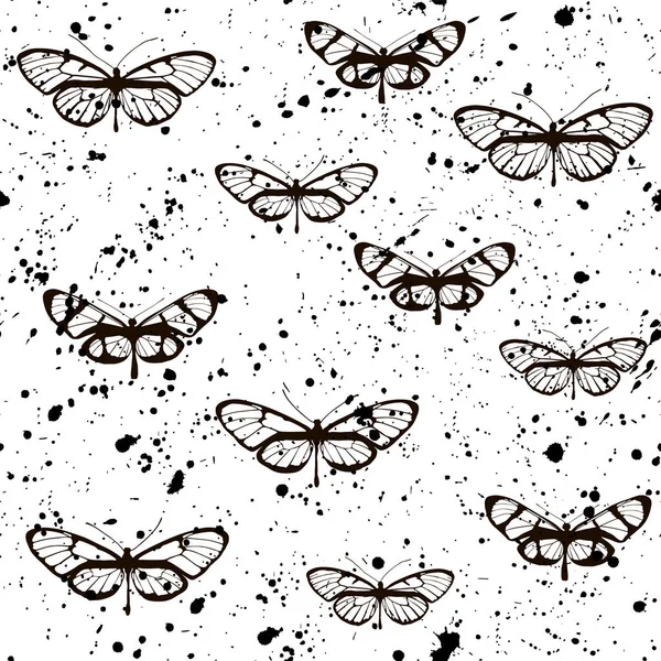 Butterflies seamless pattern with splashes of black ink. Isolated on white background. — ストックベクタ