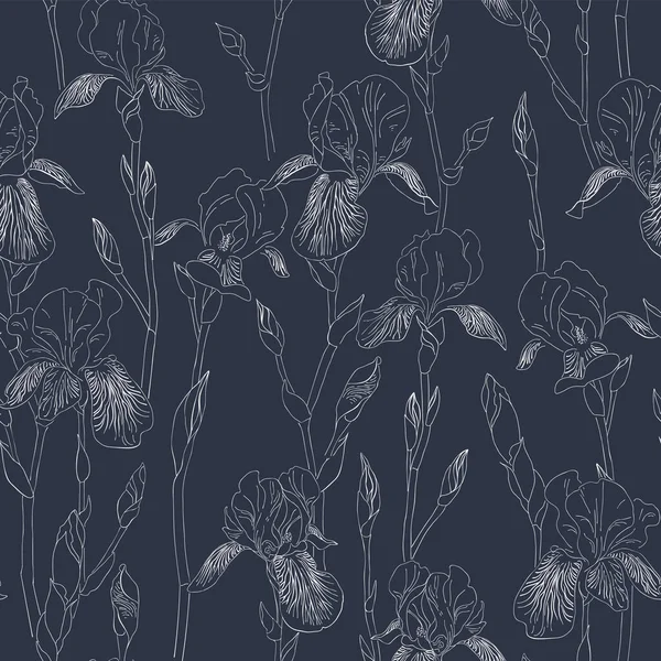 Koyu arkaplanlı, dikdörtgen desenli bir Iris çiçeği. Elle çizilmiş doğa resmi. — Stok Vektör