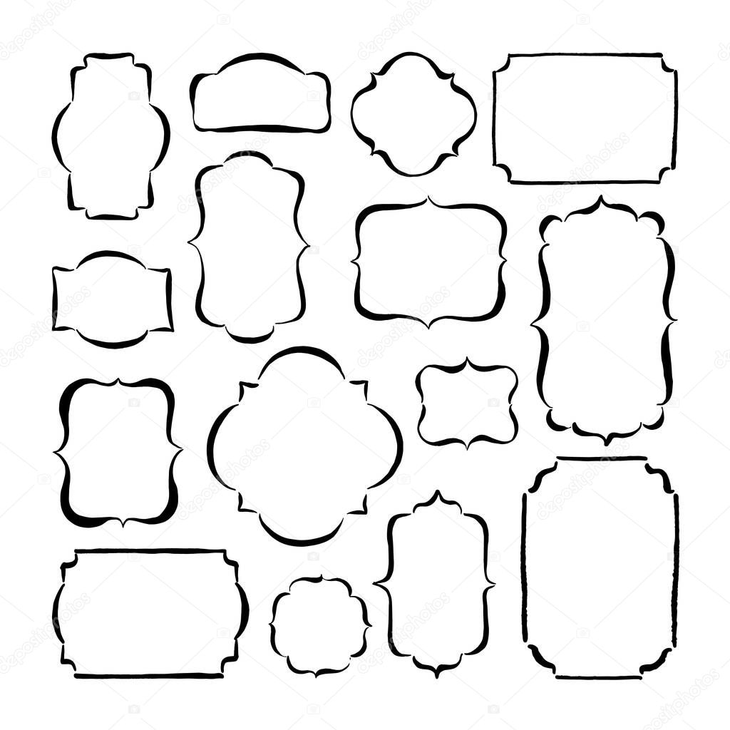 A set of 15 rectangle frames. Hand drawing black ink. Vector illustration