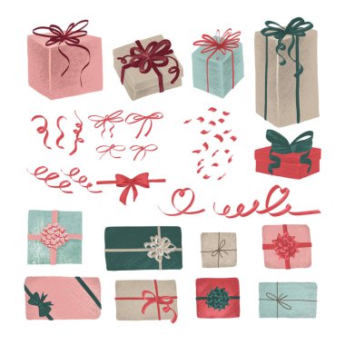 Hediye kutuları, kurdeleler, fiyonklar ve süsler. Beyaz arkaplanda elle çizilmiş izole