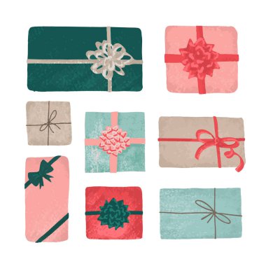 Beyaz arka planda izole edilmiş sekiz el çizimi hediye kutusu.