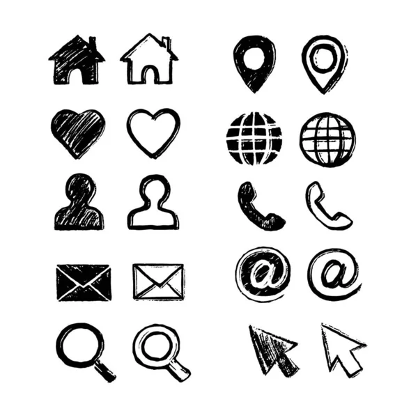 Ağ simgelerini ayarla. Fırçayla çizilmiş. Doku grunge stili. Ev, favoriler, kullanıcılar, e- posta, arama, pin, internet, telefon çağrısı, arroba, imleç simgeleri.