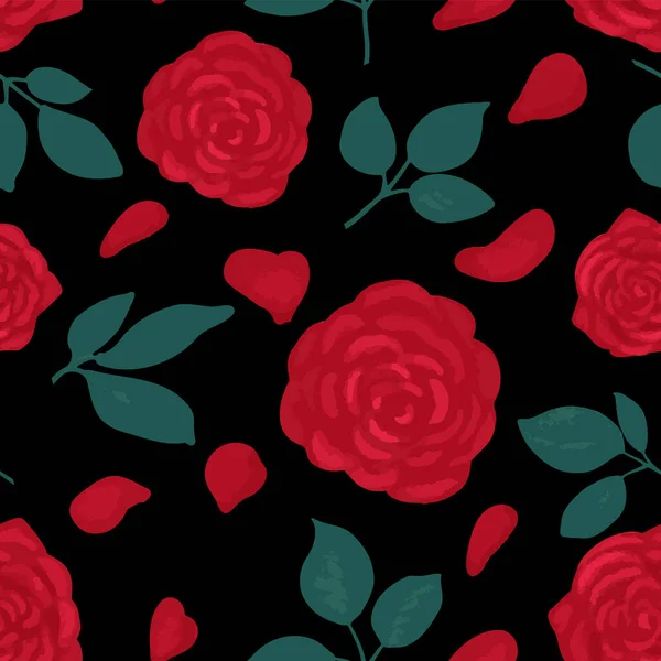 Roses are bright red on a dark background. Seamless pattern. — Vetor de Stock