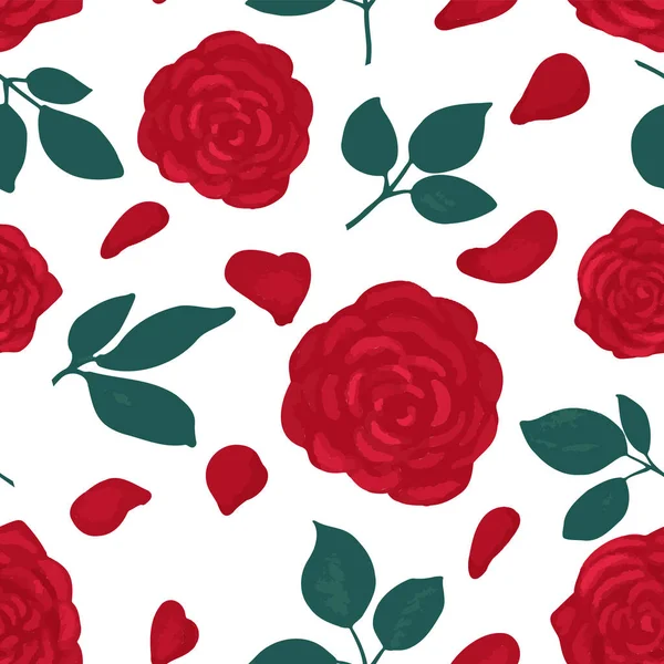 Roses and petals on a white background. Seamless pattern . Vector illustration — Vetor de Stock