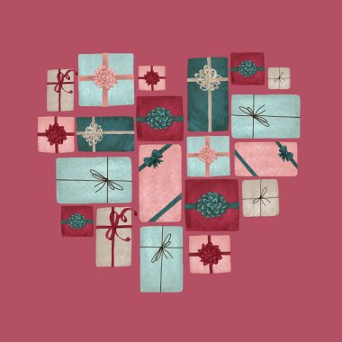 Kalpten yapılmış bir kompozisyonda hediye kutuları. Sevgililer Günü kartı konsepti