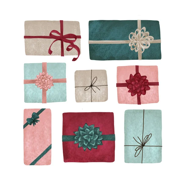 Beyaz arka planda izole edilmiş sekiz el çizimi hediye kutusu.