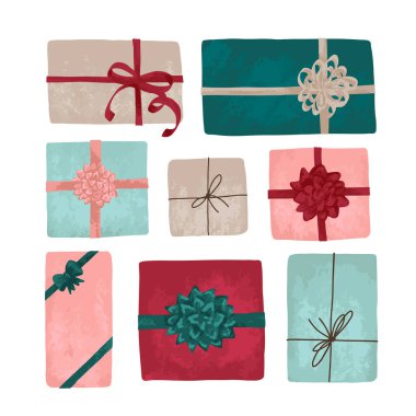 Beyaz arka planda izole edilmiş sekiz el çizimi hediye kutusu.