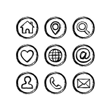 Ağ simgelerini ayarla. Fırçayla çizilmiş. Doku grunge stili. Ev, favoriler, kullanıcılar, e- posta, arama, pin, internet, telefon çağrısı, arroba, imleç simgeleri.