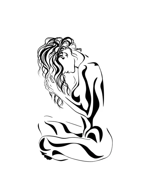 Naga kobieta siedzi z piękne włosy. Ilustracja wektorowa — Wektor stockowy
