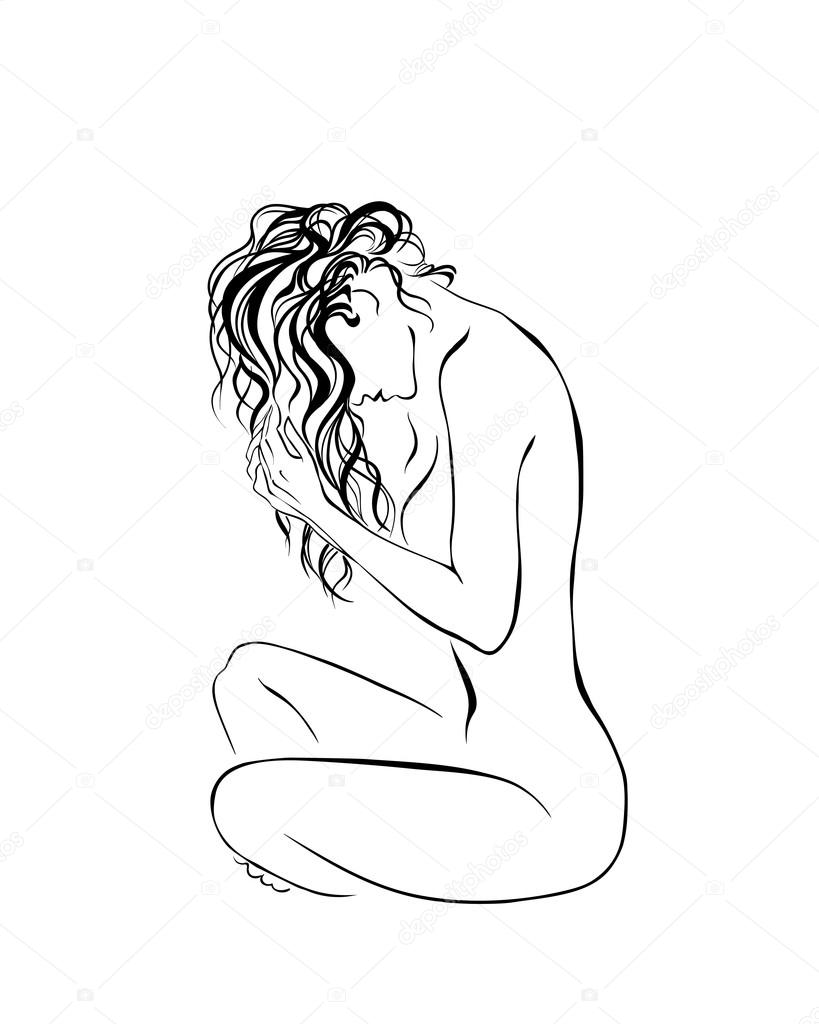 Nude woman sitting with beautiful hair. Vector illustration