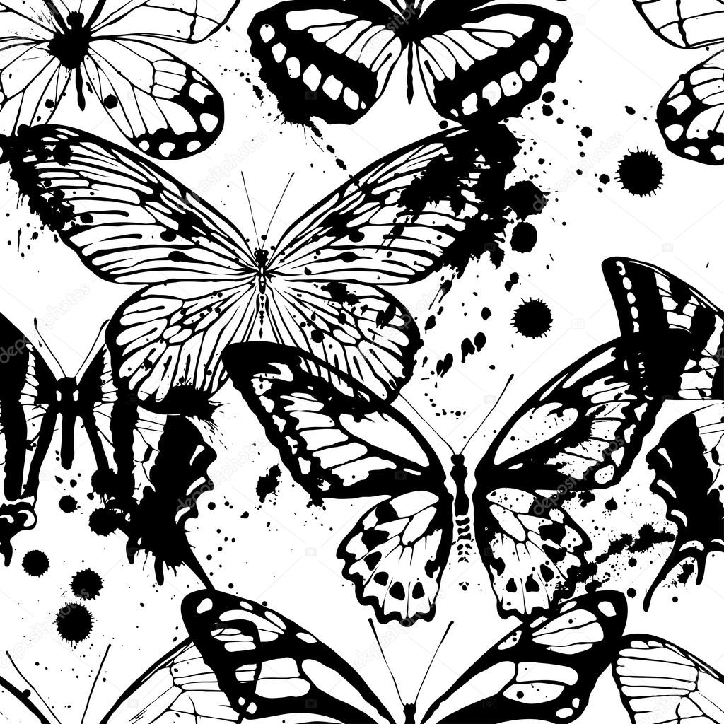 Seamless background of butterflies black and white colors. Vector illustration