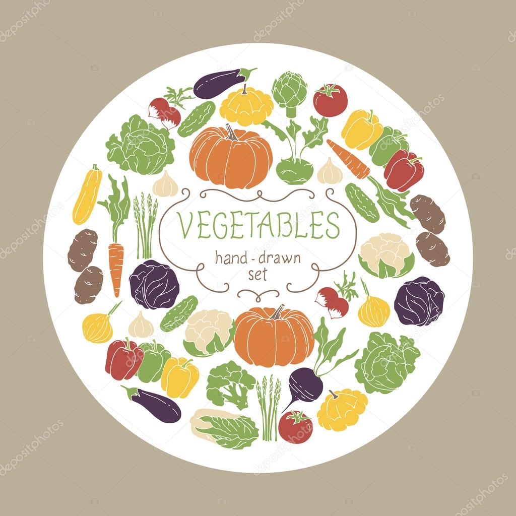 Vegetables set on white circle background. Vector illustration.