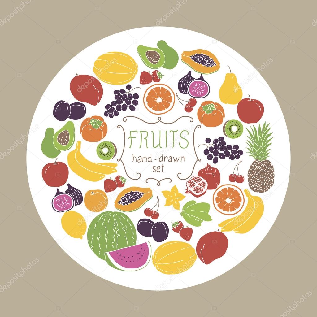 Fruits set on white circle background. Vector illustration.