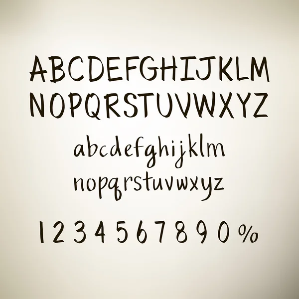 Alfabet bogstaver: små bogstaver, store bogstaver og tal. Vektor. Håndtegnede symboler . – Stock-vektor