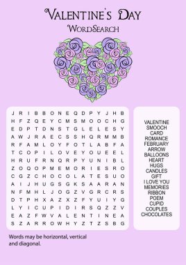 Valentine's Day word search puzzle. Suitable for social media post. Educational game for children. Printable worksheet for learning English. clipart