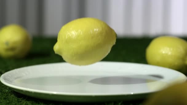 Zitrone hüpft auf Teller — Stockvideo