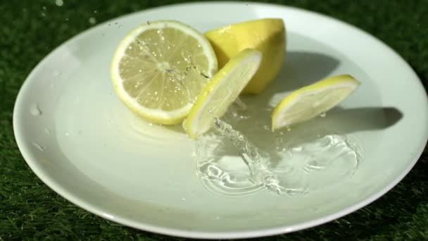 Лимон прыгает на тарелке — стоковое видео