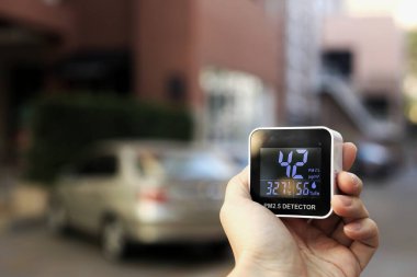El bilgisayarı PM2.5 sensör cihazıyla hava kalitesini kontrol ediyorum. PM2.5 partikülleri kabul edilebilir standartların ötesinde zararlı sağlıksız.