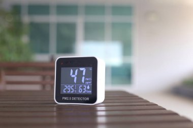 Ortalama olarak 2,5 mikron partikül madde hava kirliliği. Algılayıcılar havada zararlı görünmez toz tespit etti. Zavallı sağlıksız yaşam koşulları. mobil aygıt açık tablo üzerinde.