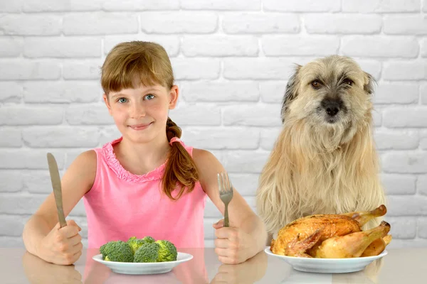 Kid Child Vegetarian Eat Broccoli Dog Meat Eater Chicken — Stock Photo, Image