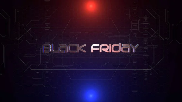 Text Black Friday and cyberpunk background with computer matrix and grid. Modern and futuristic 3d illustration for cyberpunk and cinematic theme