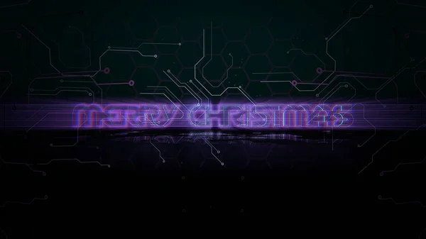 Text Merry Christmas and cyberpunk background with computer matrix and grid. Modern and futuristic 3d illustration for cyberpunk and cinematic theme