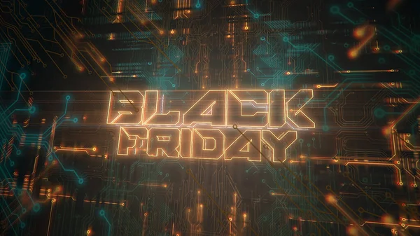 Text Black Friday and cyberpunk background with computer chip. Modern and futuristic 3d illustration style for cyberpunk and technology theme